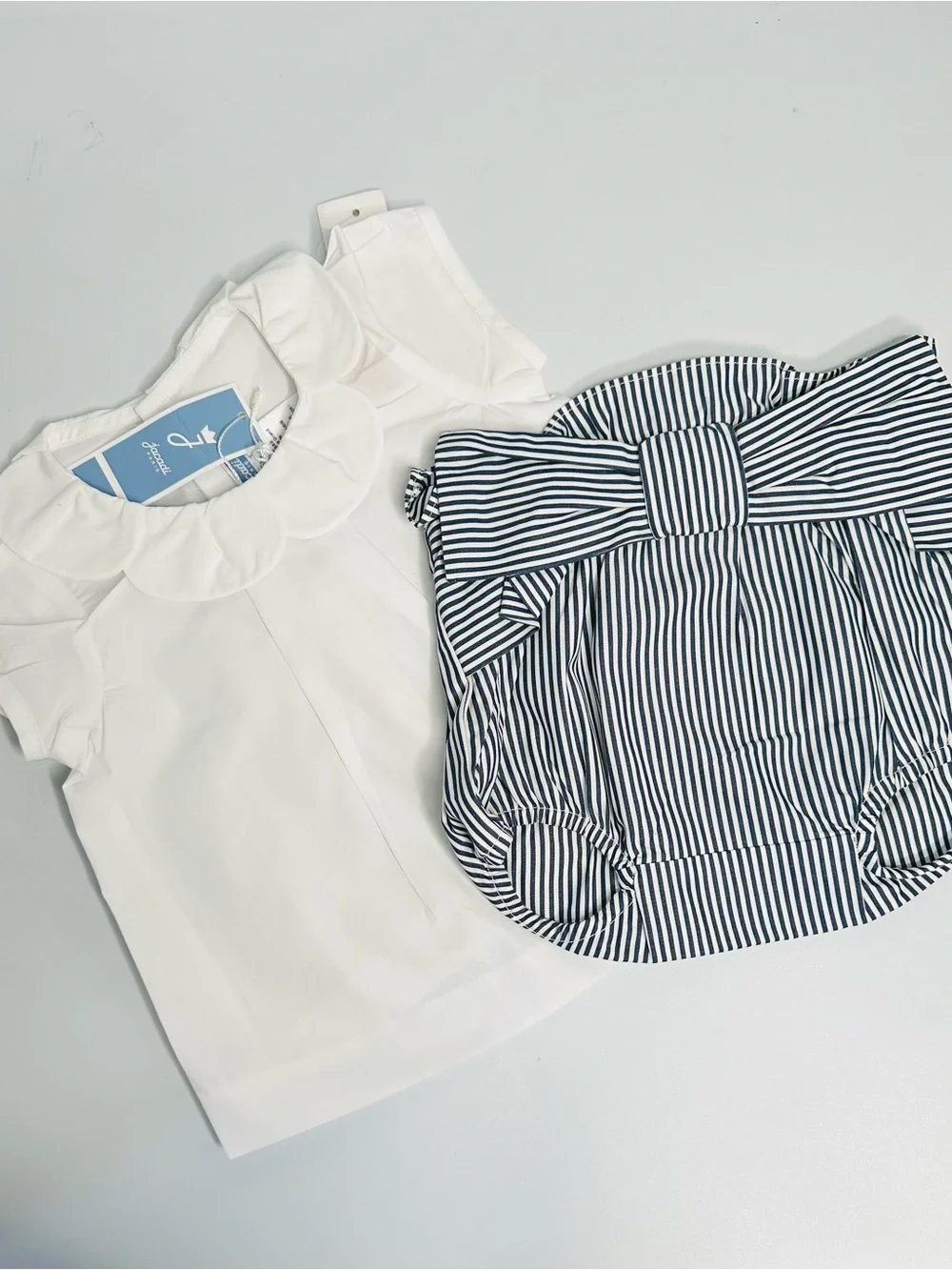 Jacadi White Peter Pan Collar Top with Navy Striped Bow Bloomer